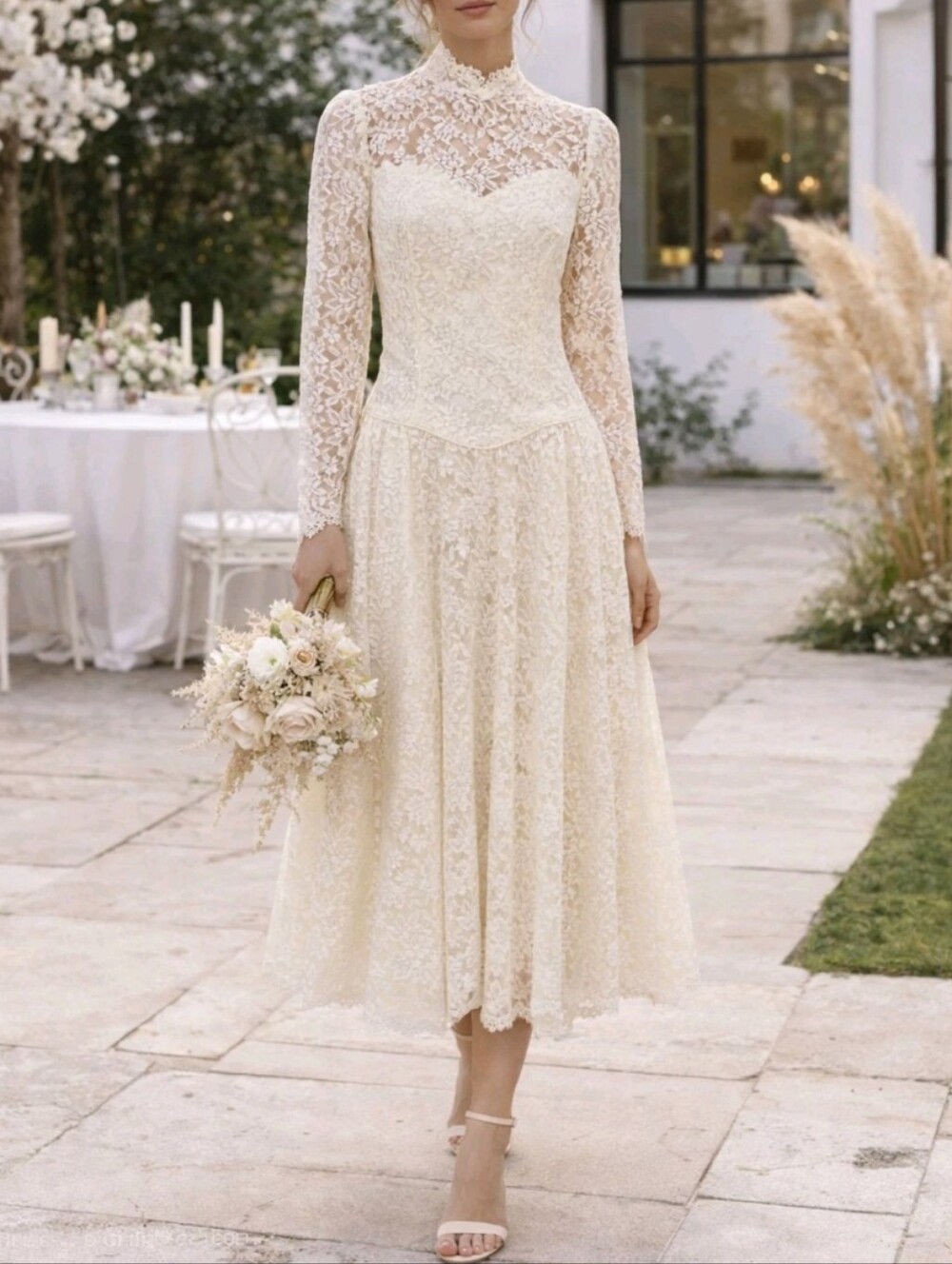 Union Made Vintage 70-80s Ivory Lace High-Neck Midi Dropp Waist Wedding Dress
